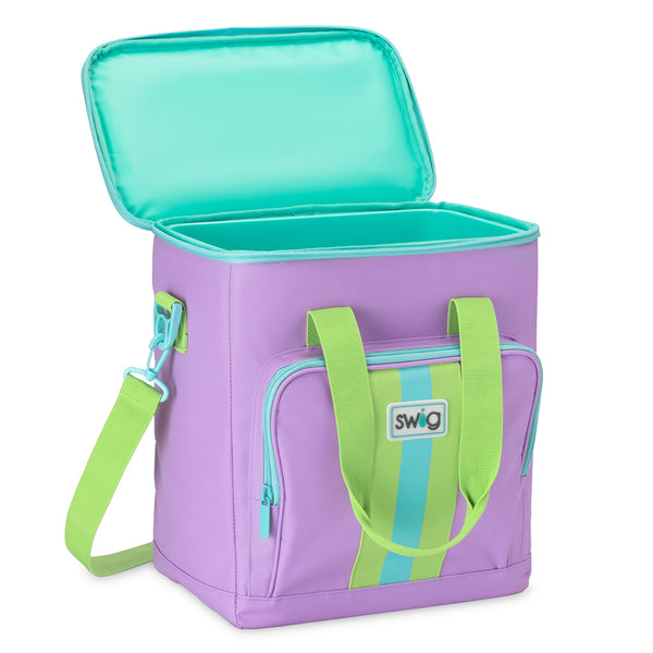 Swig Life Ultra Violet Boxxi 24 Cooler open view showing aqua insulted lining and zipper enclosure