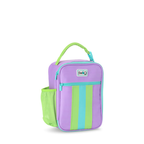 Swig Life Ultra Violet Insulated Boxxi Lunch Bag with top handle, side pocket, and front zipper pouch