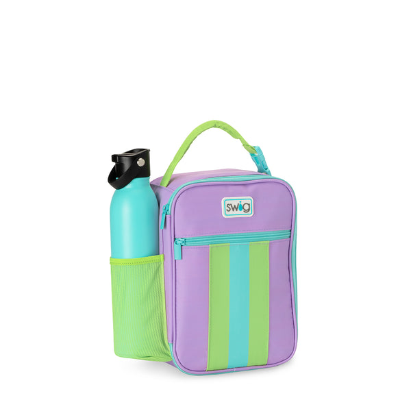 Swig Life Insulated Ultra Violet Boxxi Lunch Bag shown with Aqua Flip + Sip Bottle