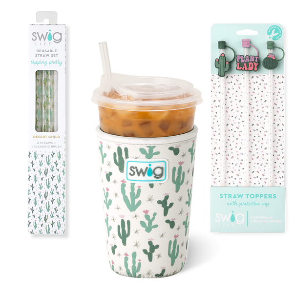 Swig Life Desert Child Accessory Bundle featuring an Iced Cup Coolie, Straw Topper Set, and Reusable Straw Set