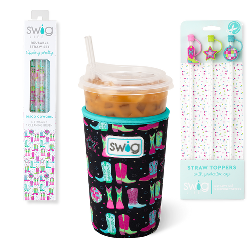 Swig Life Disco Cowgirl Accessory Bundle featuring an Iced Cup Coolie, Straw Topper Set, and Reusable Straw Set