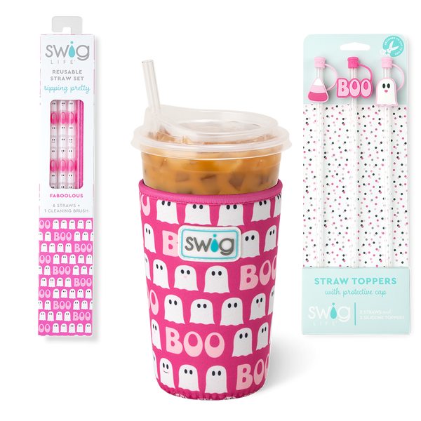 Swig Life Faboolous Accessory Bundle featuring an Iced Cup Coolie, Straw Topper Set, and Reusable Straw Set