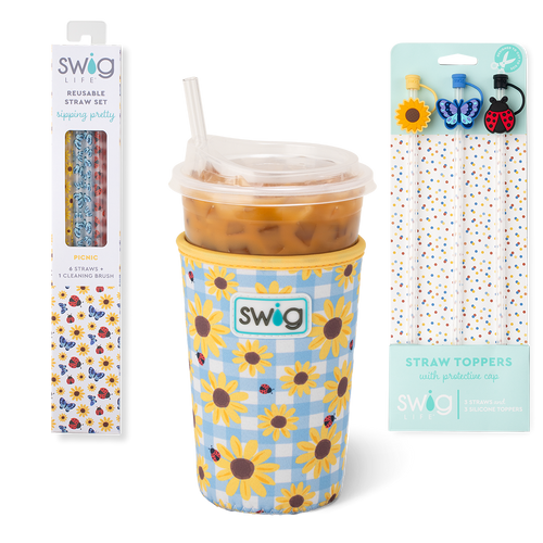 Swig Life Picnic Basket Accessory Bundle featuring an Iced Cup Coolie, Straw Topper Set, and Reusable Straw Set