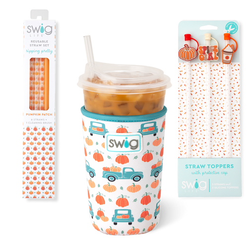 Swig Life Pumpkin Patch Accessory Bundle featuring an Iced Cup Coolie, Straw Topper Set, and Reusable Straw Set