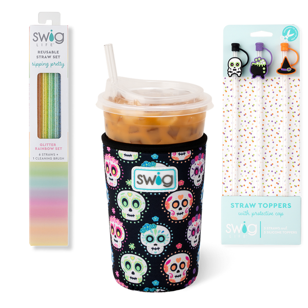 Swig Life Sugar Skulls Accessory Bundle featuring an Iced Cup Coolie, Straw Topper Set, and Reusable Straw Set