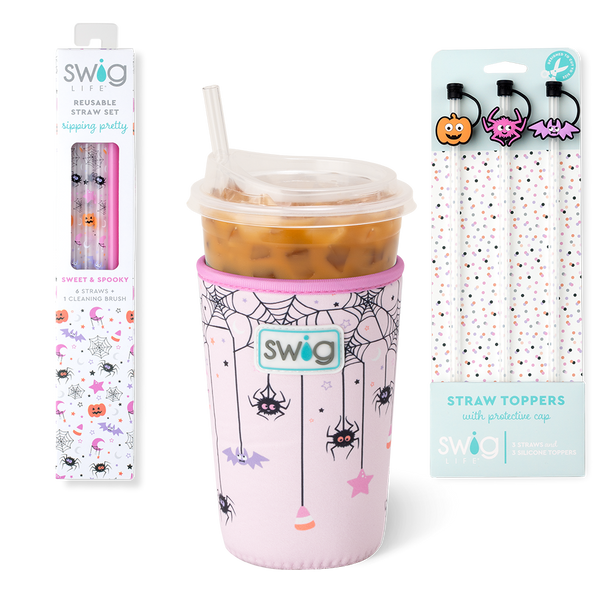 Swig Life Sweet and Spooky Accessory Bundle featuring an Iced Cup Coolie, Straw Topper Set, and Reusable Straw Set