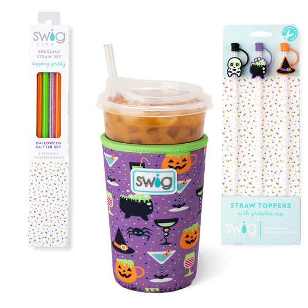 Swig Life Witches Brew Accessory Bundle featuring an Iced Cup Coolie, Straw Topper Set, and Reusable Straw Set