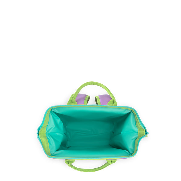 Swig Life Ultra Violet Packi Backpack Cooler shown open from the top with aqua insulated liner