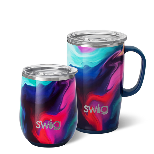 Swig Life Aura AM+PM Set including a 22oz Travel Mug and a 32oz Tumbler in front of a red paper fan