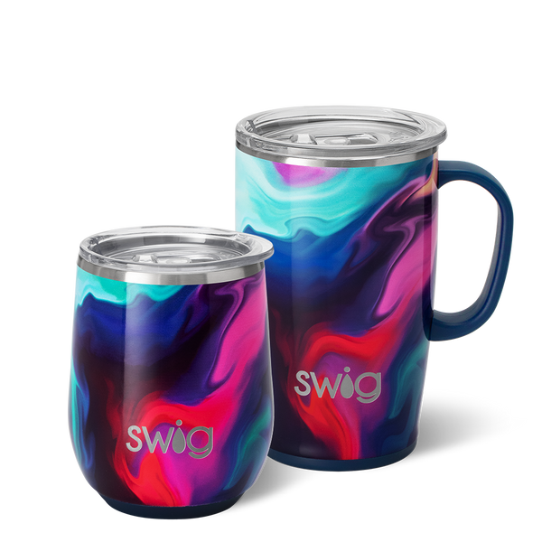 Swig Life Aura AM+PM Set including a 22oz Travel Mug and a 32oz Tumbler in front of a red paper fan