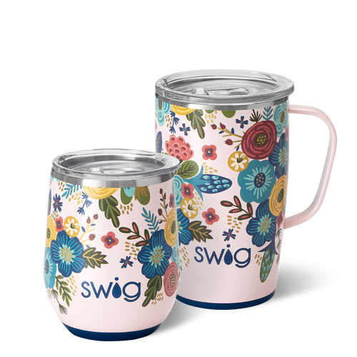 Swig Life Bella Rosa AM+PM Set including a 22oz Travel Mug and a 32oz Tumbler in front of a red paper fan