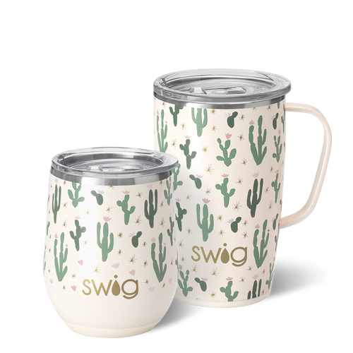 Swig Life Desert Child AM+PM Set including a 22oz Travel Mug and a 32oz Tumbler in front of a red paper fan