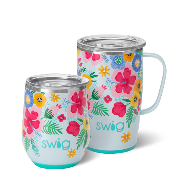 Swig Life Island Bloom AM + PM Set including a 12oz Island Bloom Stemless Wine Cup and an 18oz Island Bloom Travel Mug