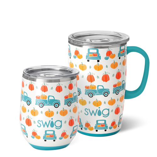 Swig Life Pumpkin Patch AM+PM Set including a 22oz Travel Mug and a 32oz Tumbler in front of a red paper fan