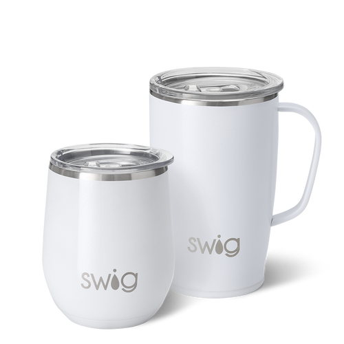 Swig Life Shimmer White AM+PM Set including a 22oz Travel Mug and a 32oz Tumbler