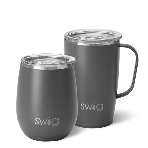 Swig Life Grey AM+PM Set including a 22oz Travel Mug and a 32oz Tumbler