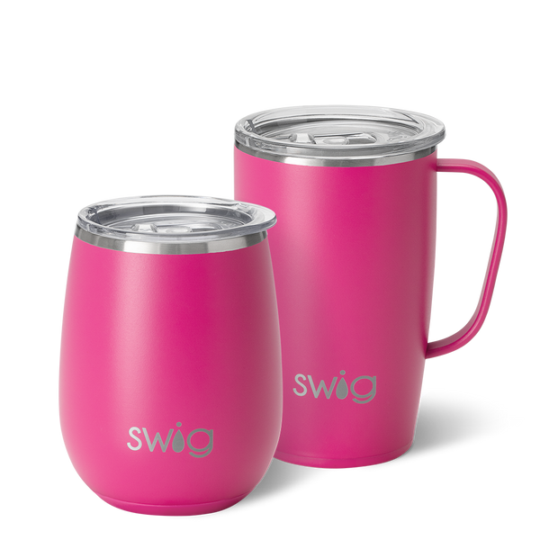 Swig Life Hot Pink AM+PM Set including a 22oz Travel Mug and a 32oz Tumbler