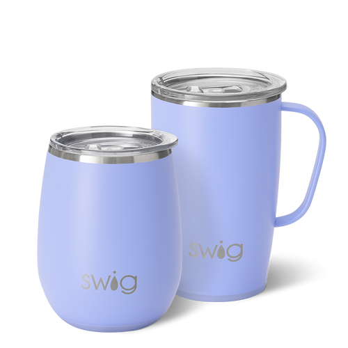 Swig Life Hydrangea AM+PM Set including a 14oz Hydrangea Stemless Wine Cup and an 18oz Hydrangea Travel Mug