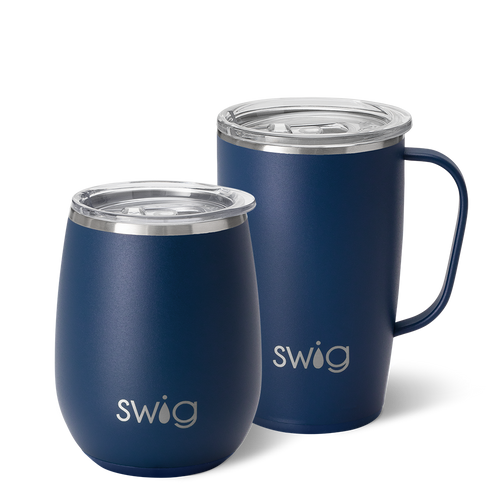 Swig Life Navy AM+PM Set including a 22oz Travel Mug and a 32oz Tumbler