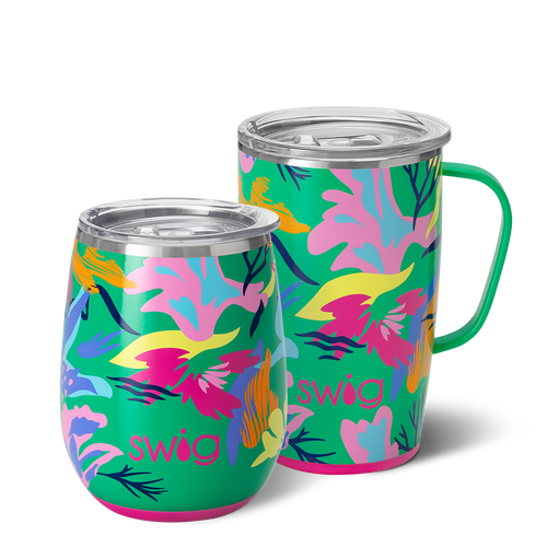 Swig Life Paradise AM + PM Set including a 14oz Paradise Stemless Wine Cup and an 18oz Paradise Travel Mug