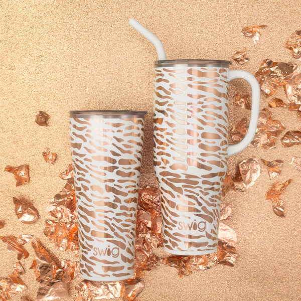 Swig Life Glamazon Rose Insulated Mega set on a glitter gold background