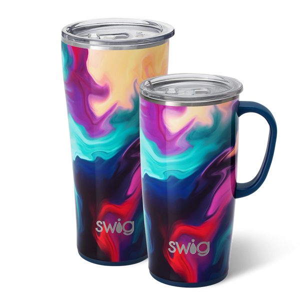 Swig Life Aura XL Set including a 22oz Travel Mug and a 32oz Tumbler in front of a red paper fan