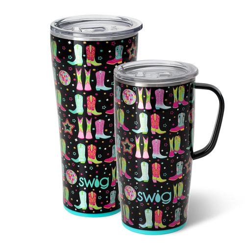 Swig Life Disco Cowgirl XL Set including a 22oz Travel Mug and a 32oz Tumbler in front of a red paper fan