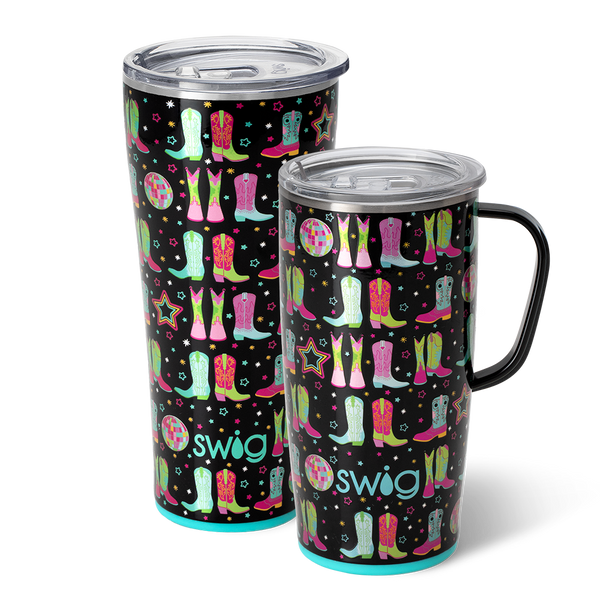 Swig Life Disco Cowgirl XL Set including a 22oz Travel Mug and a 32oz Tumbler in front of a red paper fan