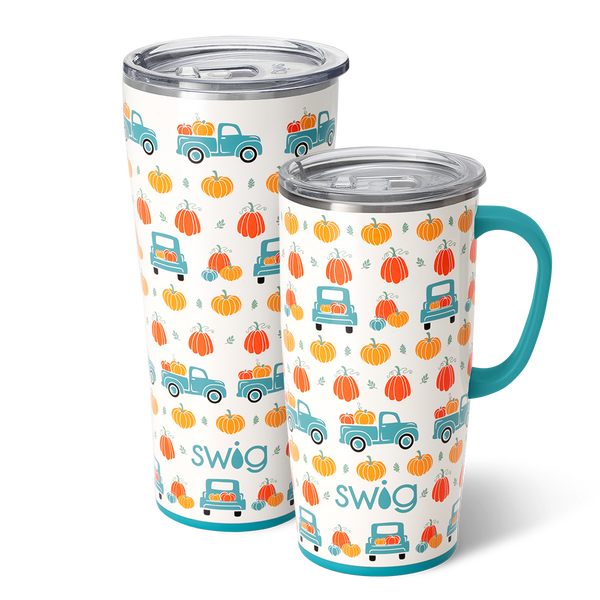 Swig Life Pumpkin Patch XL Set including a 22oz Travel Mug and a 32oz Tumbler in front of a red paper fan