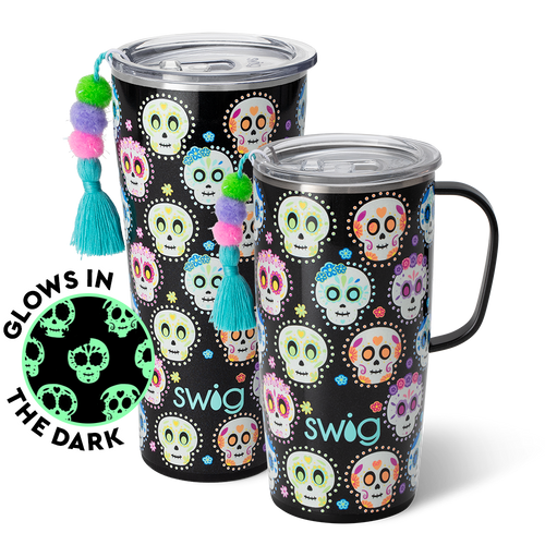 Swig Life Sugar Skulls XL Set including a 22oz Travel Mug and a 32oz Tumbler in front of a red paper fan