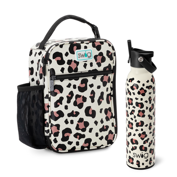 Swig Life Luxy Leopard Lunch Buddy Set including a 20oz Luxy Leopard Flip + Sip Bottle and Luxy Leopard Boxxi Lunch Bag