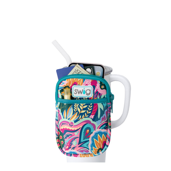 Swig Life Bazaar Neoprene Mega Mug Pouch with two pockets containing daily essentials