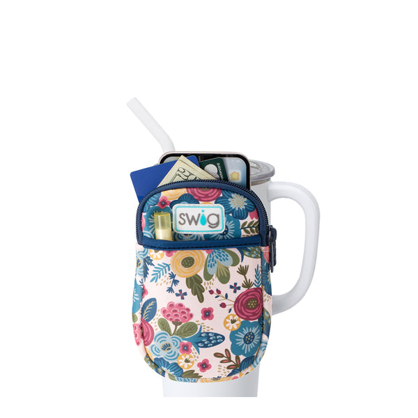 Swig Life Bella Rosa Neoprene Mega Mug Pouch with two pockets containing daily essentials