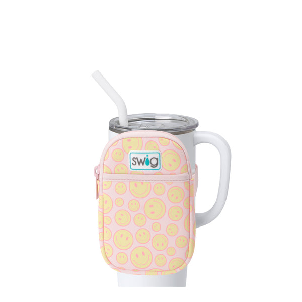 Swig Life Oh Happy Day Neoprene Mega Mug Pouch with Zipper on a White 40oz Mega Mug