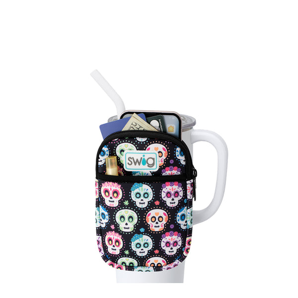 Swig Life Sugar Skulls Neoprene Mega Mug Pouch with two pockets containing daily essentials