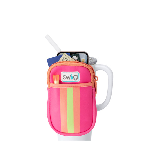 Swig Life Tutti Frutti Neoprene Mega Mug Pouch with two pockets containing daily essentials