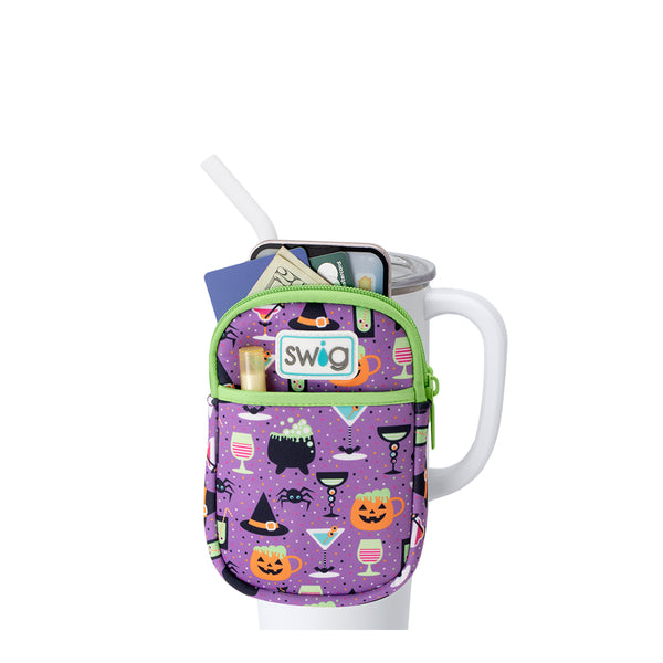 Swig Life Witches Brew Neoprene Mega Mug Pouch with two pockets containing daily essentials