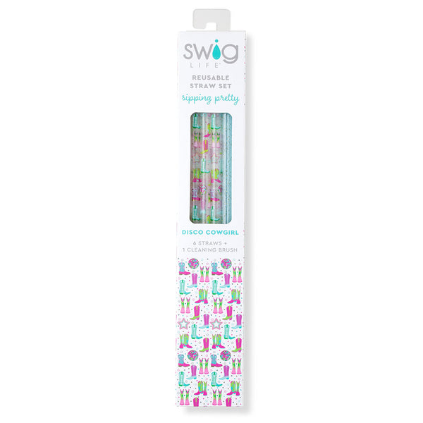 Swig Life Disco Cowgirl + Aqua Glitter Reusable Straw Set inside packaging