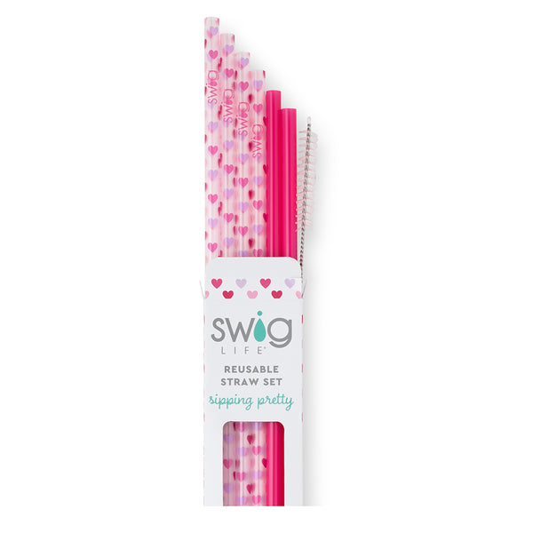 Swig Life Falling in Love Reusable Straw Set with six straws and cleaning brush