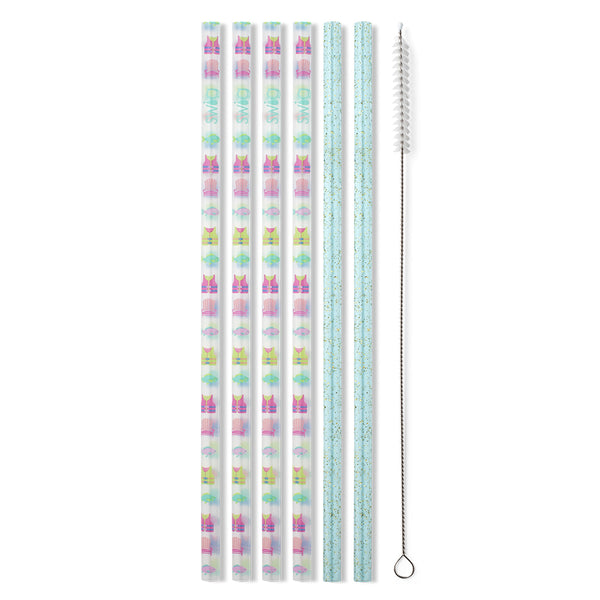 Swig Life Lake Girl + Aqua Glitter Reusable Straw Set without packaging