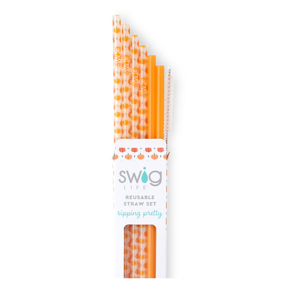 Swig Life Pumpkins + Orange Reusable Straw Set with six straws and cleaning brush