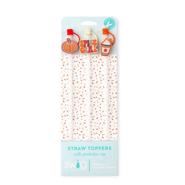 Swig Life Pumpkin Spice Girl Straw Topper Set including three straws and three silicone topper protective cap