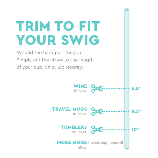 Infographic showing recommended lengths to trim the Swig Life straws to fit your Swig