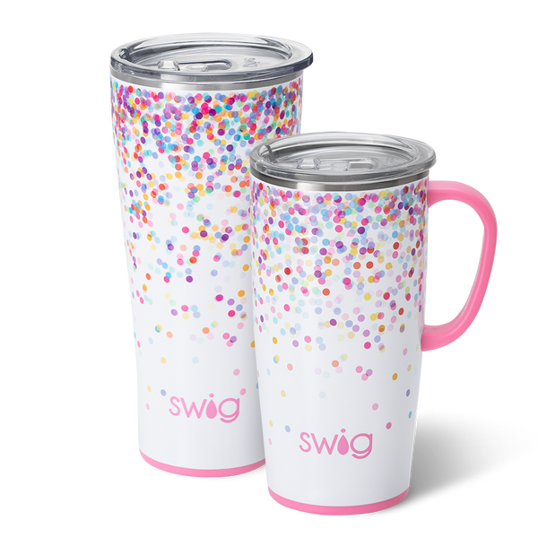 Swig Life Confetti XL Set including a 22oz Travel Mug and a 32oz Tumbler in front of a red paper fan