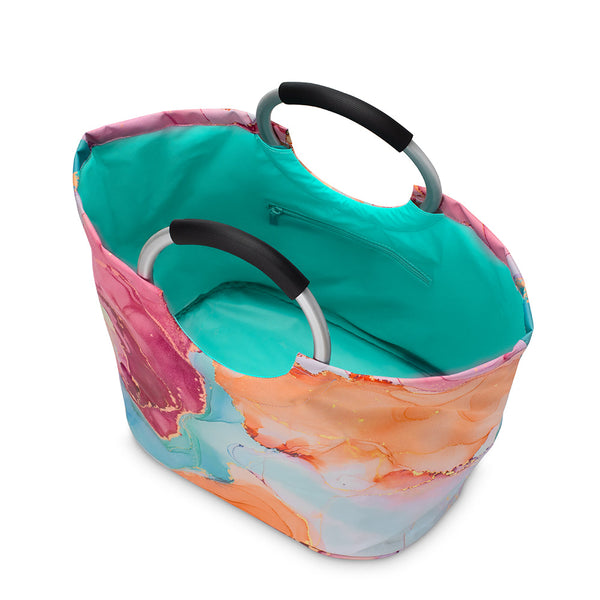 Swig Life Dreamsicle Loopi Tote Bag open view from the top with aqua insulated liner and inside zipper pocket